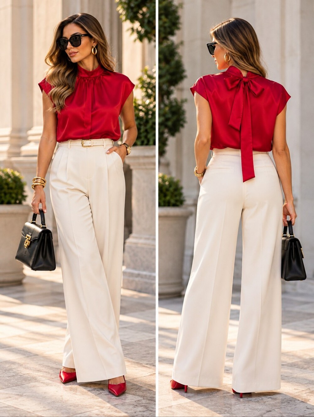 Red Satin Blouse Mock Neck Bow Tie Back Cap Sleeve Gathered Neckline Size M